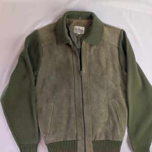 Classic Men's Olive Green Suede And Knit Bomber Jacket Size Medium